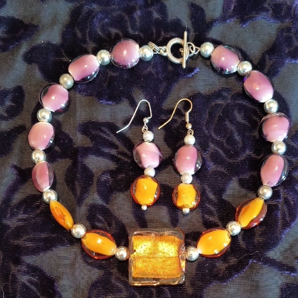 Handmade Purple and Gold Resin Choker Necklace & Earring Set